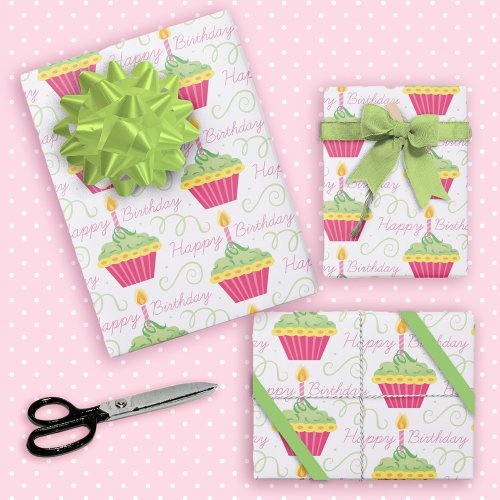 Happy Birthday Pink Green Cupcakes Wrapping Paper Sheets