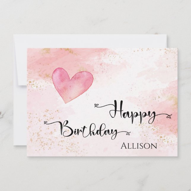Happy Birthday Pink Heart Watercolor Card (Front)