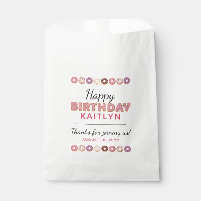 HAPPY BIRTHDAY Pink Iced Donuts Custom Name Party Favor Bag (Front)