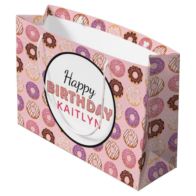 HAPPY BIRTHDAY Pink Iced Donuts Pattern With Name Large Gift Bag (Back Angled)