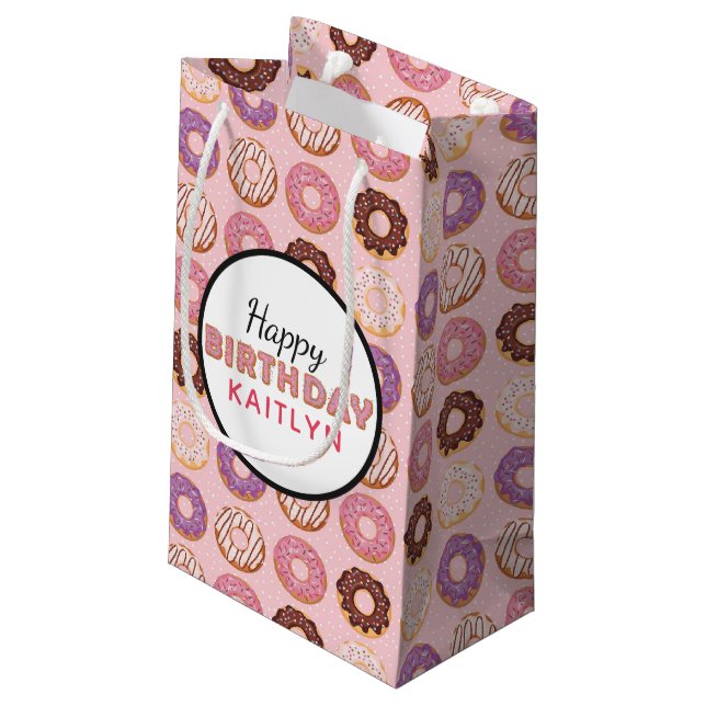 HAPPY BIRTHDAY Pink Iced Donuts Pattern With Name Small Gift Bag (Back Angled)