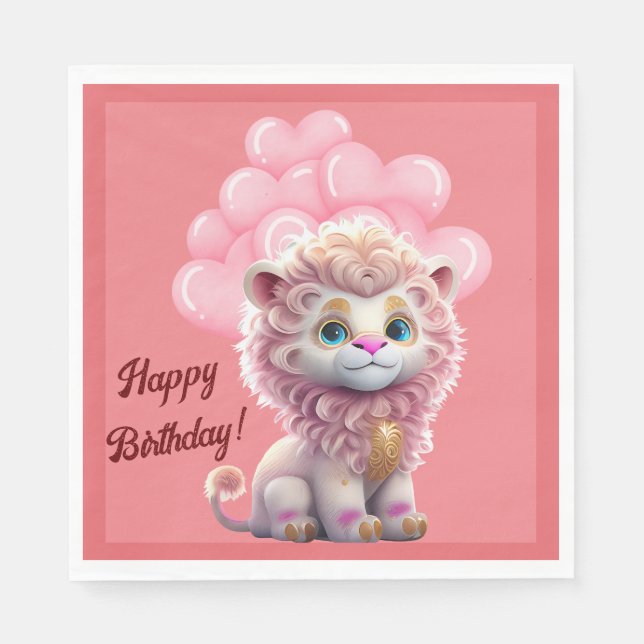 Happy Birthday Pink Lion  Napkins (Front)