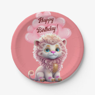 Happy Birthday Pink Lion Paper Plates