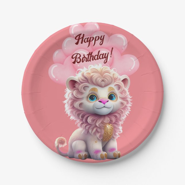 Happy Birthday Pink Lion  Paper Plates (Front)