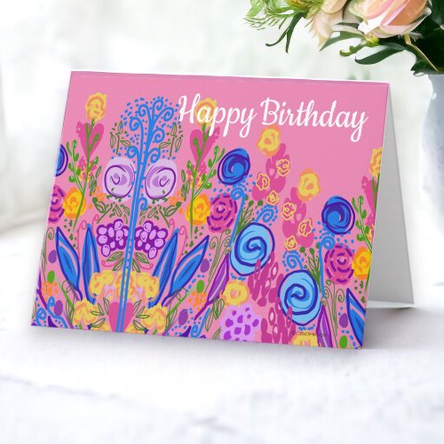 Happy Birthday Pink Multicolor Boho Floral Garden Card