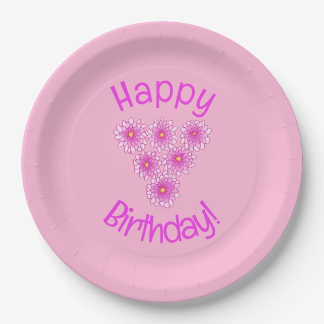 Happy Birthday Pink Mums Paper Plates (Front)
