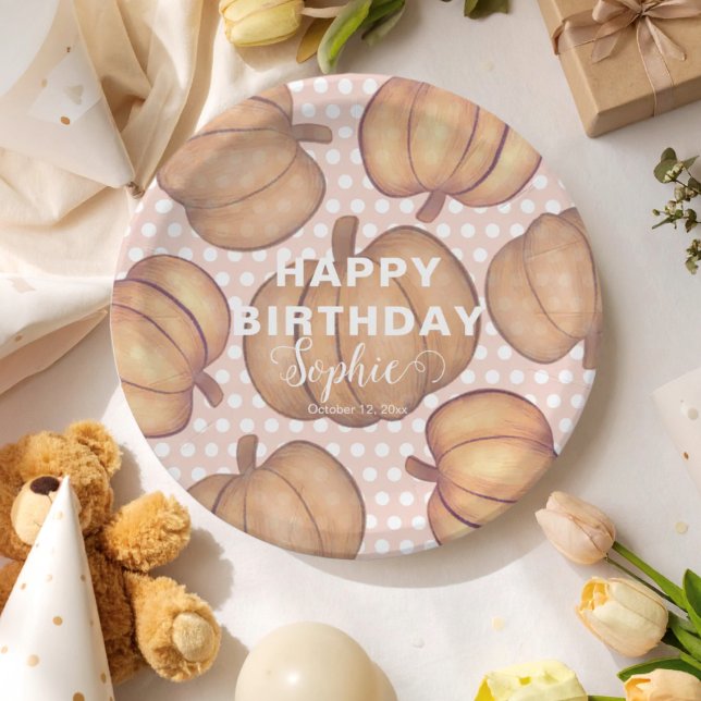 Happy Birthday Pink & Orange Pumpkin Party  Paper Plates (Creator Uploaded)