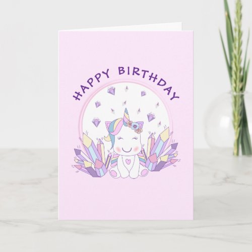 Happy Birthday  Pink Pastel Cute Unicorn Card