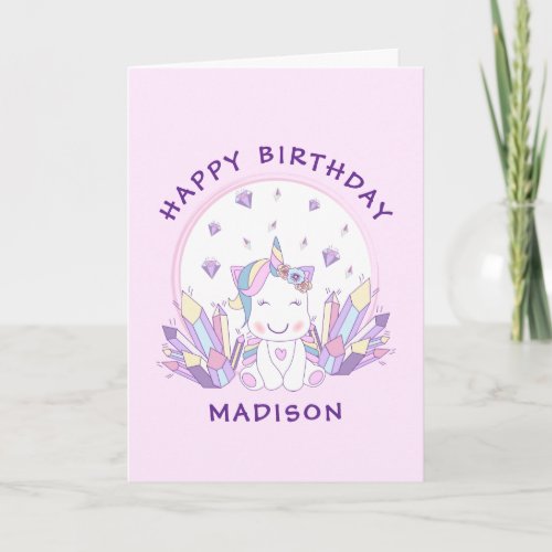 Happy Birthday  Pink Pastel Cute Unicorn Card
