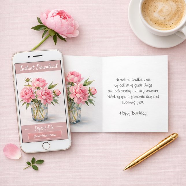 Happy Birthday Pink Peonies Greeting  Card (Your choice elegant peony birthday card or instant download.  Template artwork for her)