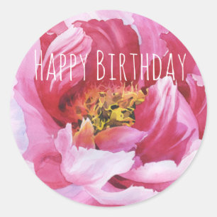 Happy Birthday Pink Peony Circle Stickers