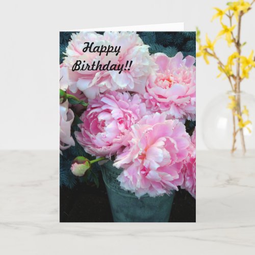 Happy Birthday Pink Peony Flowers Bouquet Blank Card