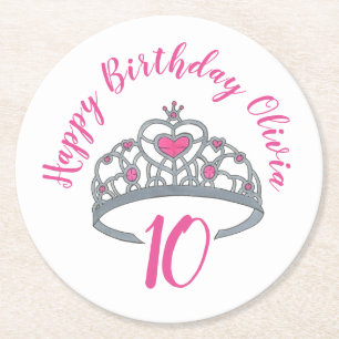 Happy Birthday Pink Princess Party Tiara Crown Round Paper Coaster