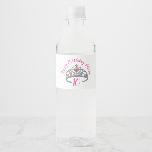 Happy Birthday Pink Princess Party Tiara Crown Water Bottle Label (Front)