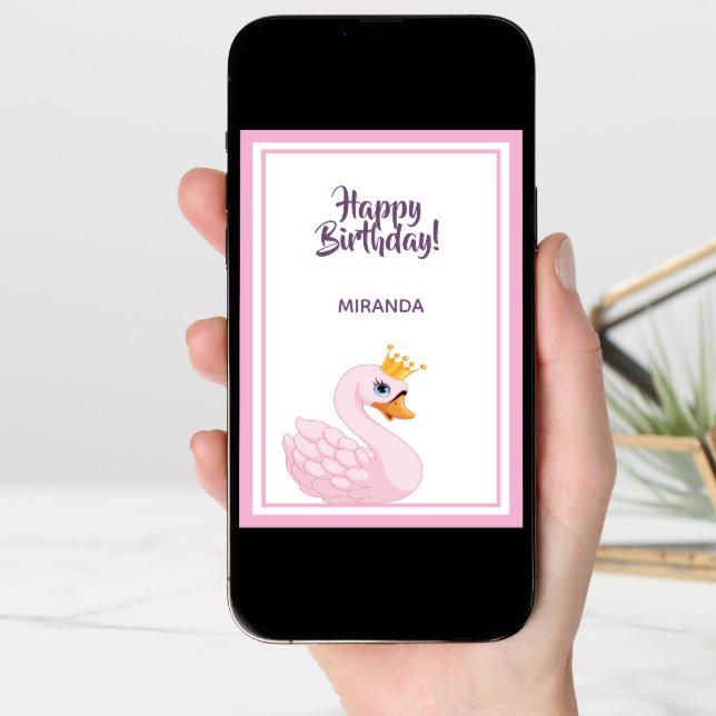 Happy Birthday pink princess swan on white Card (Front Digital)