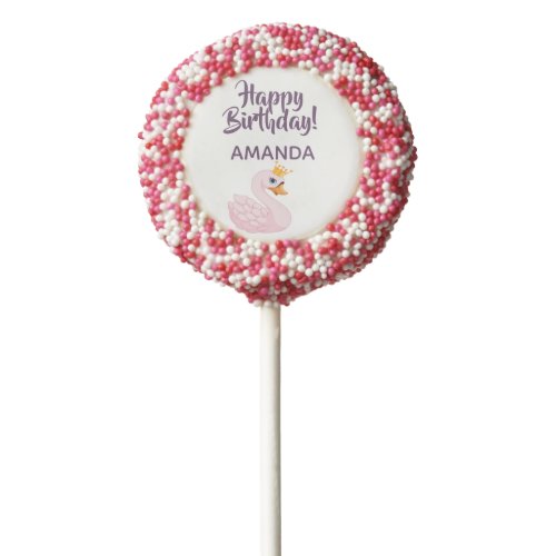 Happy Birthday pink princess swan on white Chocolate Covered Oreo Pop