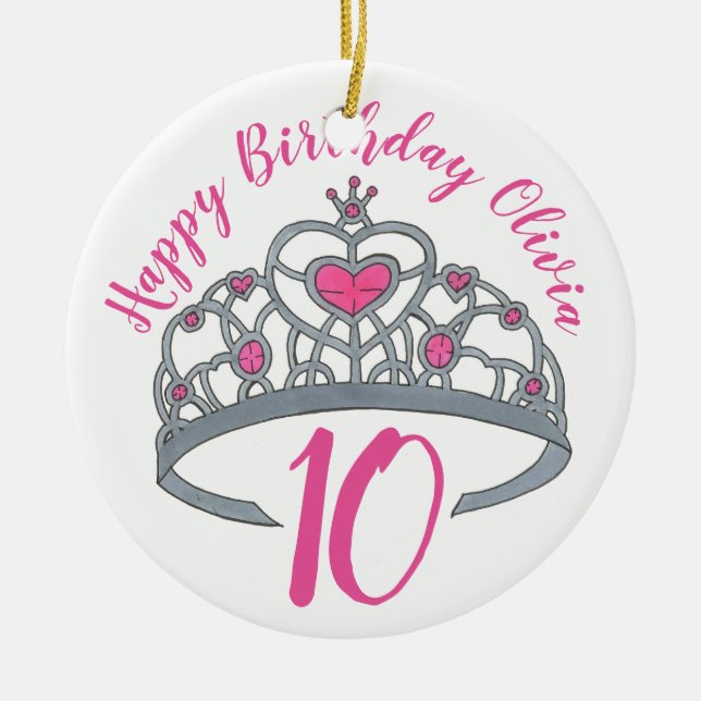 Happy Birthday Pink Princess Tiara Crown Ceramic Ornament (Front)