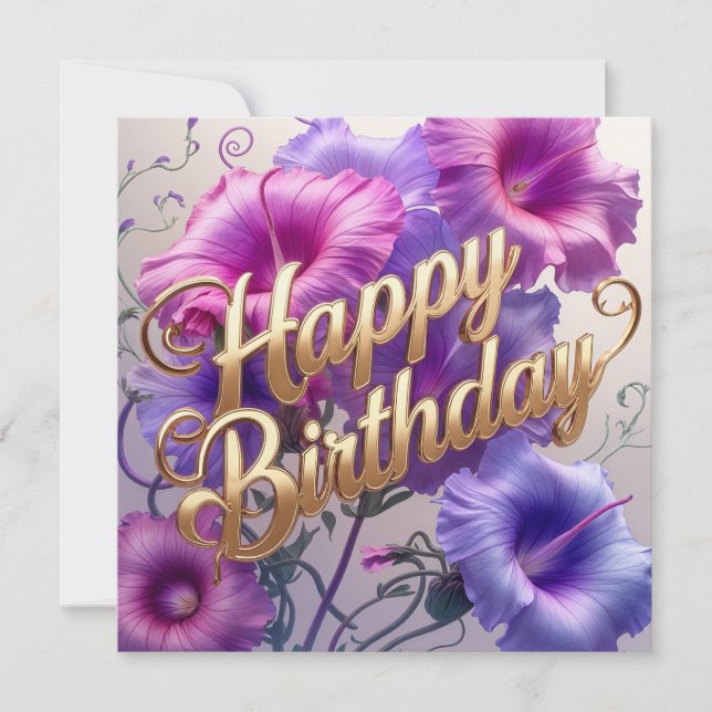 Happy Birthday Pink, Purple Morning Glory Flowers Card (Front)
