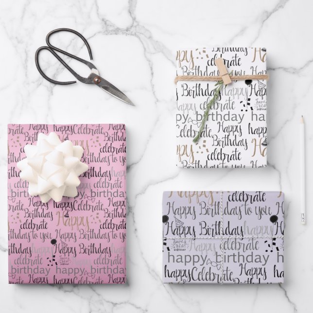 Happy Birthday Pink Purple Ombre Wrapping Paper Sheets (Front)