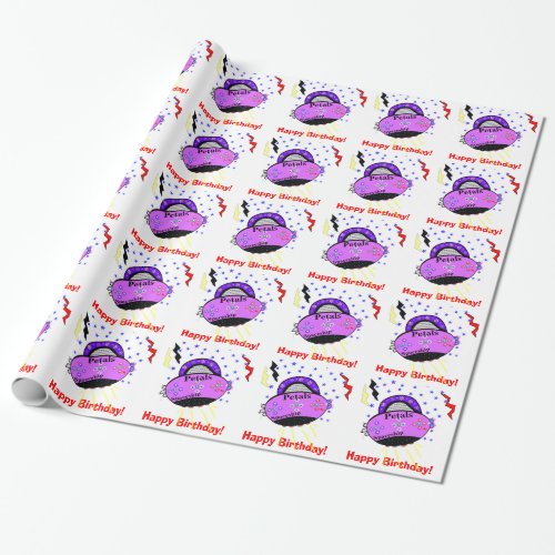 Happy Birthday Pink Purple Petals Spaceship Wrapping Paper
