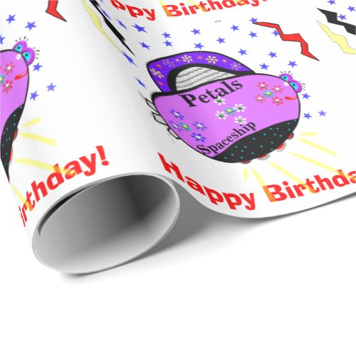 Happy Birthday Pink Purple Petals Spaceship Wrapping Paper