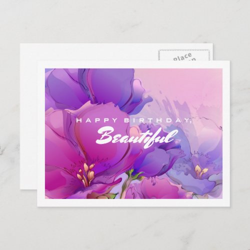 Happy Birthday Pink Purple Watercolor Floral Postcard