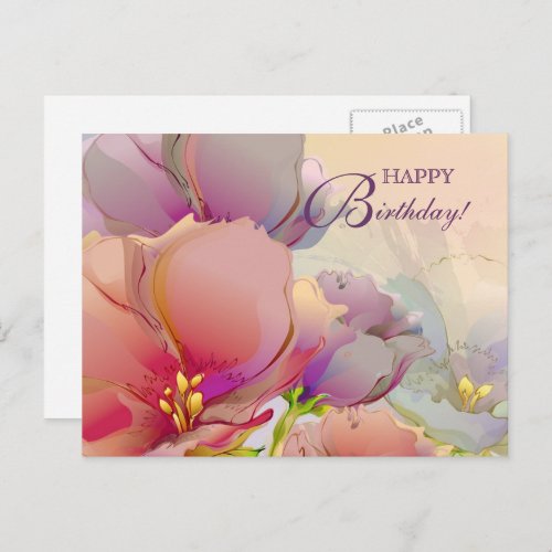 Happy Birthday Pink Purple Watercolor Floral  Postcard