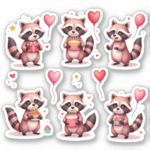 Happy Birthday Pink Raccoons Cake Balloons Gifts - Sticker