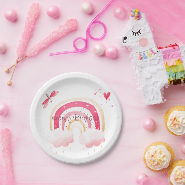 Happy Birthday pink rainbow   Paper Plates (Party)