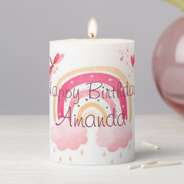 Happy Birthday pink rainbow  Pillar Candle (In Situ)