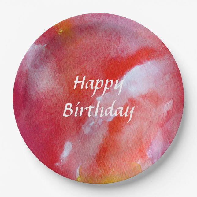 Happy Birthday Pink Red Beautiful Paper Plates (Front)