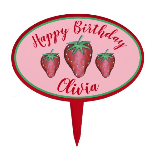 Happy Birthday Pink Red Sweet Strawberry Berries Cake Topper
