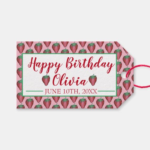 Happy Birthday Pink Red Sweet Strawberry Berries Gift Tags