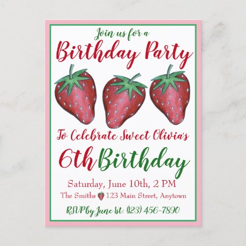 Happy Birthday Pink Red Sweet Strawberry Berries Invitation Postcard