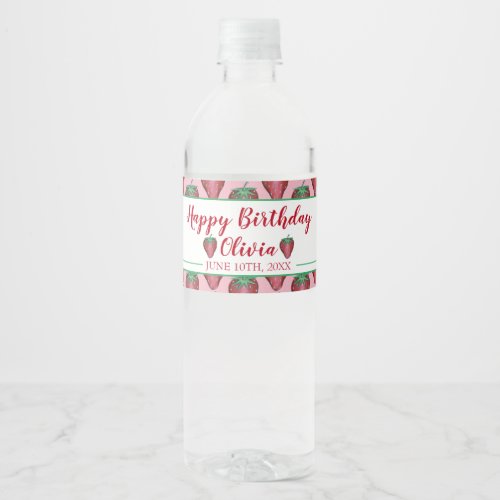 Happy Birthday Pink Red Sweet Strawberry Berries Water Bottle Label