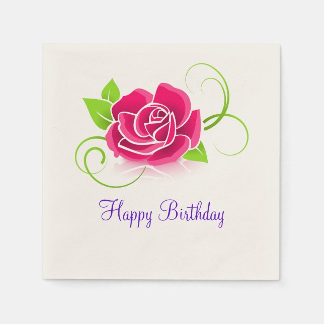 Happy Birthday Pink Rose Illustration Napkins (Front)
