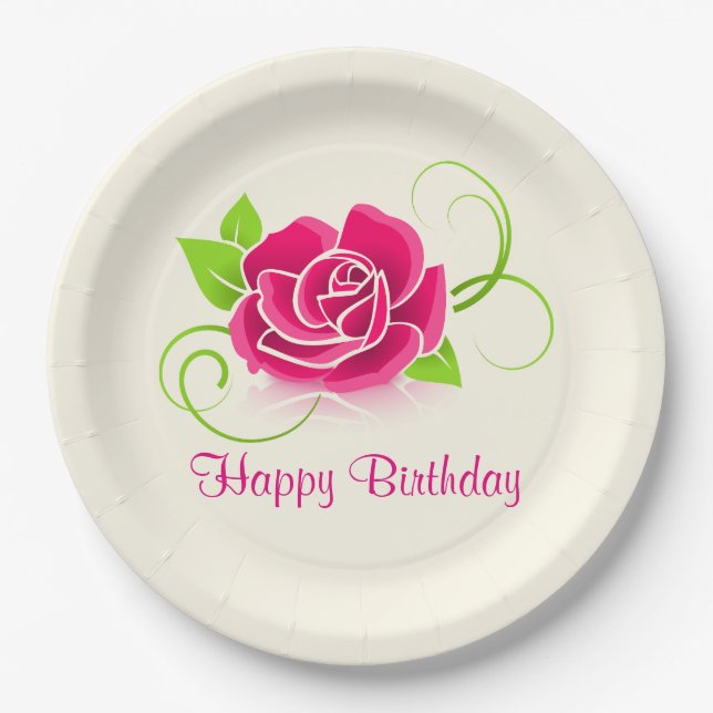 Happy Birthday Pink Rose Illustration Paper Plates (Front)
