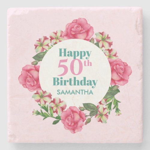 Happy Birthday Pink Rose Red White Petunia Floral Stone Coaster