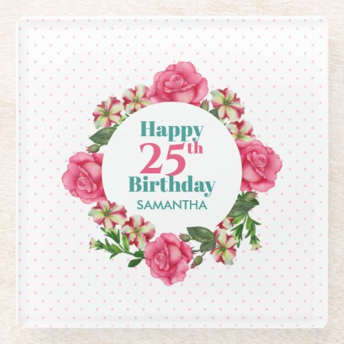 Happy Birthday Pink Rose Red White Petunia Polka Glass Coaster