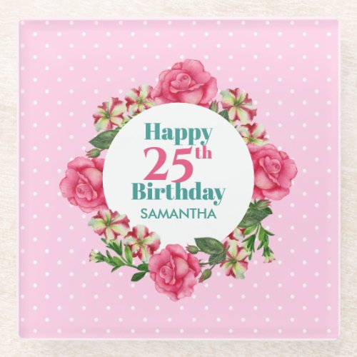 Happy Birthday Pink Rose Red White Petunia Polka Glass Coaster