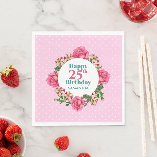 Happy Birthday Pink Rose Red White Petunia Polka Napkins (Insitu)