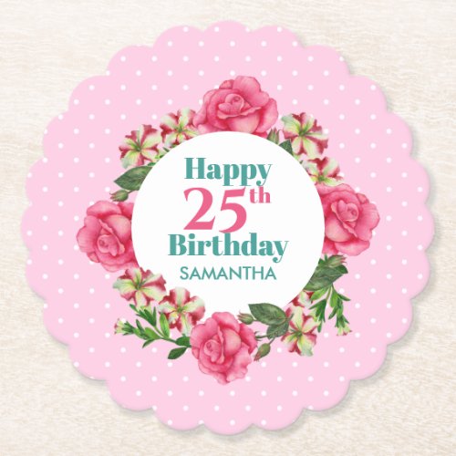 Happy Birthday Pink Rose Red White Petunia Polka Paper Coaster