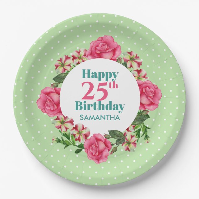 Happy Birthday Pink Rose Red White Petunia Polka Paper Plates (Front)