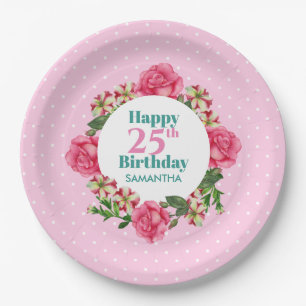 Happy Birthday Pink Rose Red White Petunia Polka Paper Plates