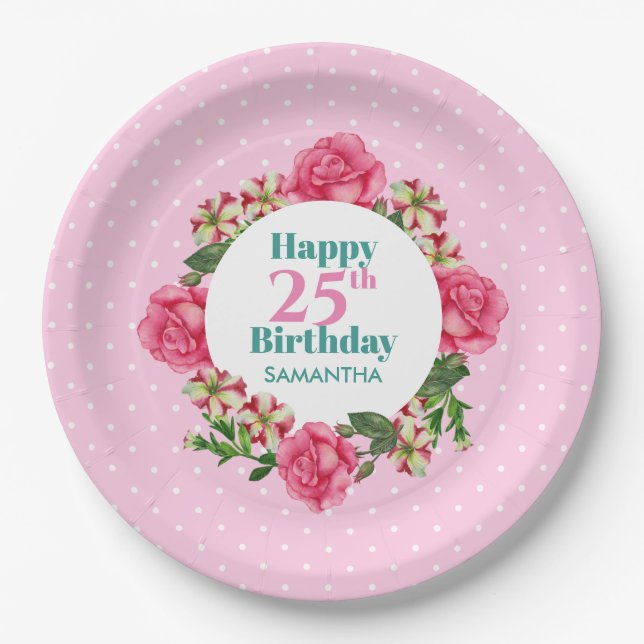 Happy Birthday Pink Rose Red White Petunia Polka Paper Plates (Front)