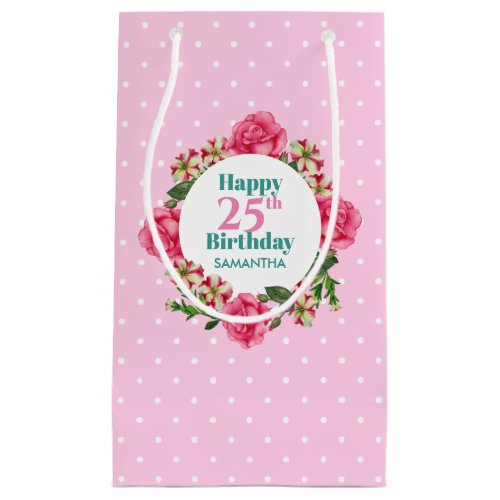 Happy Birthday Pink Rose Red White Petunia Polka Small Gift Bag