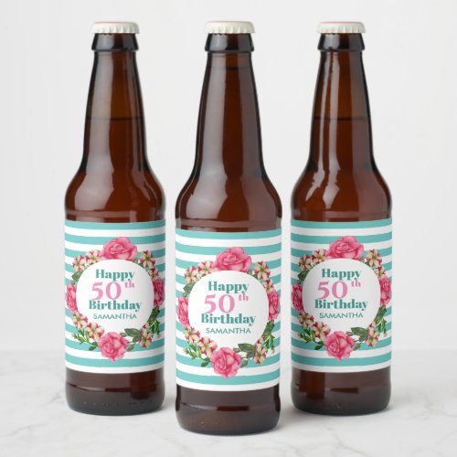 Happy Birthday Pink Rose Red White Petunia Stripes Beer Bottle Label