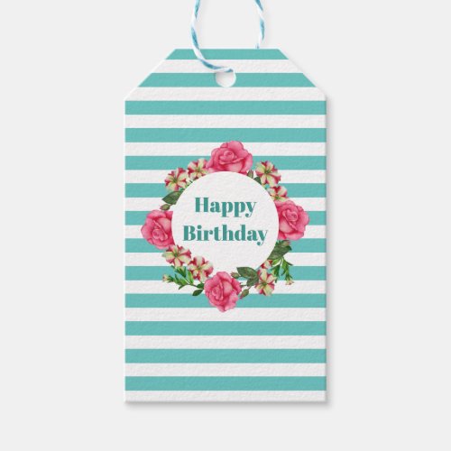 Happy Birthday Pink Rose Red White Petunia Stripes Gift Tags