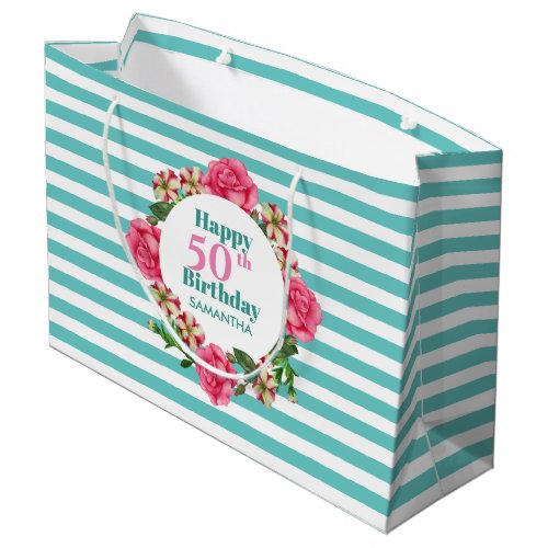 Happy Birthday Pink Rose Red White Petunia Stripes Large Gift Bag