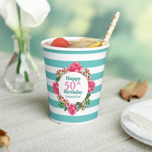 Happy Birthday Pink Rose Red White Petunia Stripes Paper Cups
